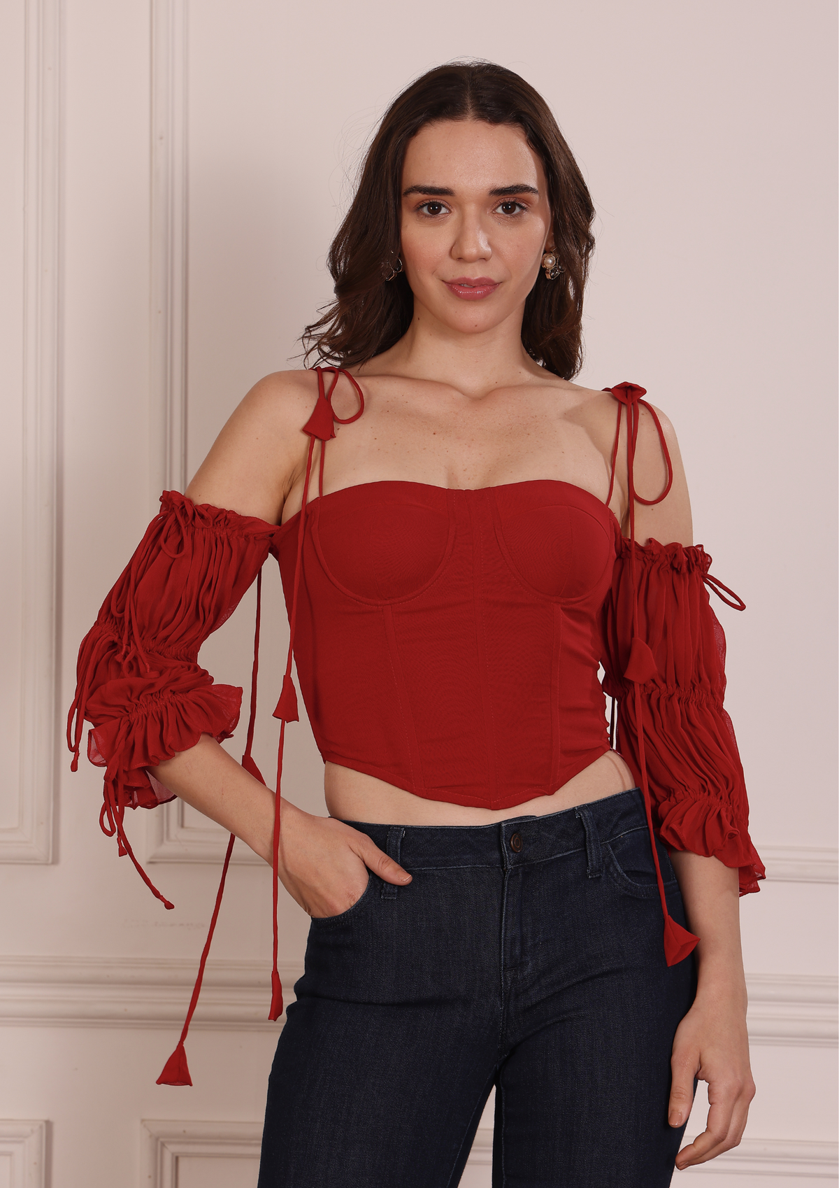 Rovelle Red Georgette Top – Elegant Structured Bustier Top with Soft Flowing Fabric and Romantic Feminine Silhouette