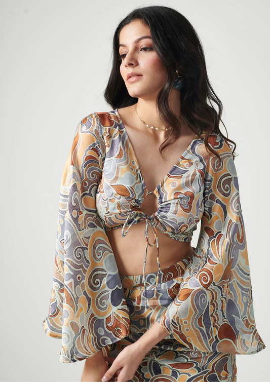 Siora semi satin georgette crop top with flutter sleeves and tie-front design—bold and breezy style for any occasion.