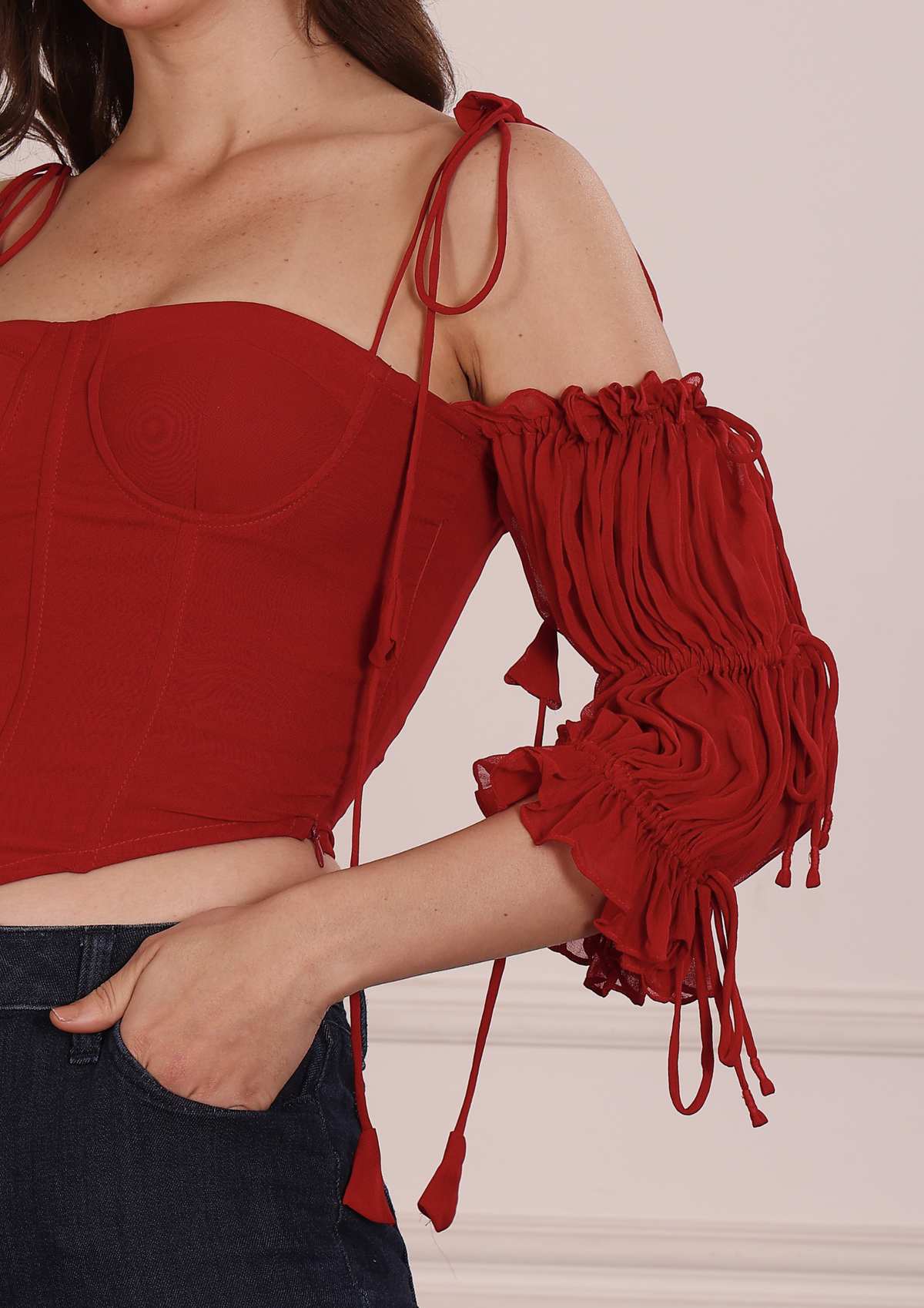 Rovelle Red Top – Romantic Georgette Bustier with Sculpted Fit, Soft Drape and Confident Statement Appeal