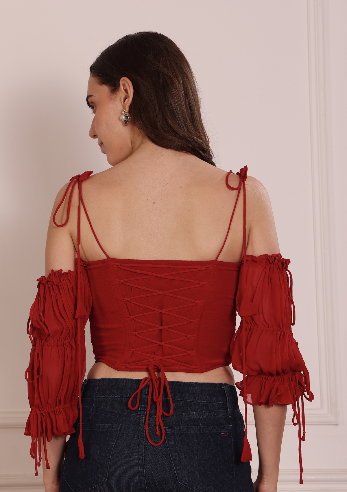 Rovelle Georgette Top in Rich Red – Structured Bustier Detail with Elegant Flow and Refined Feminine Finish