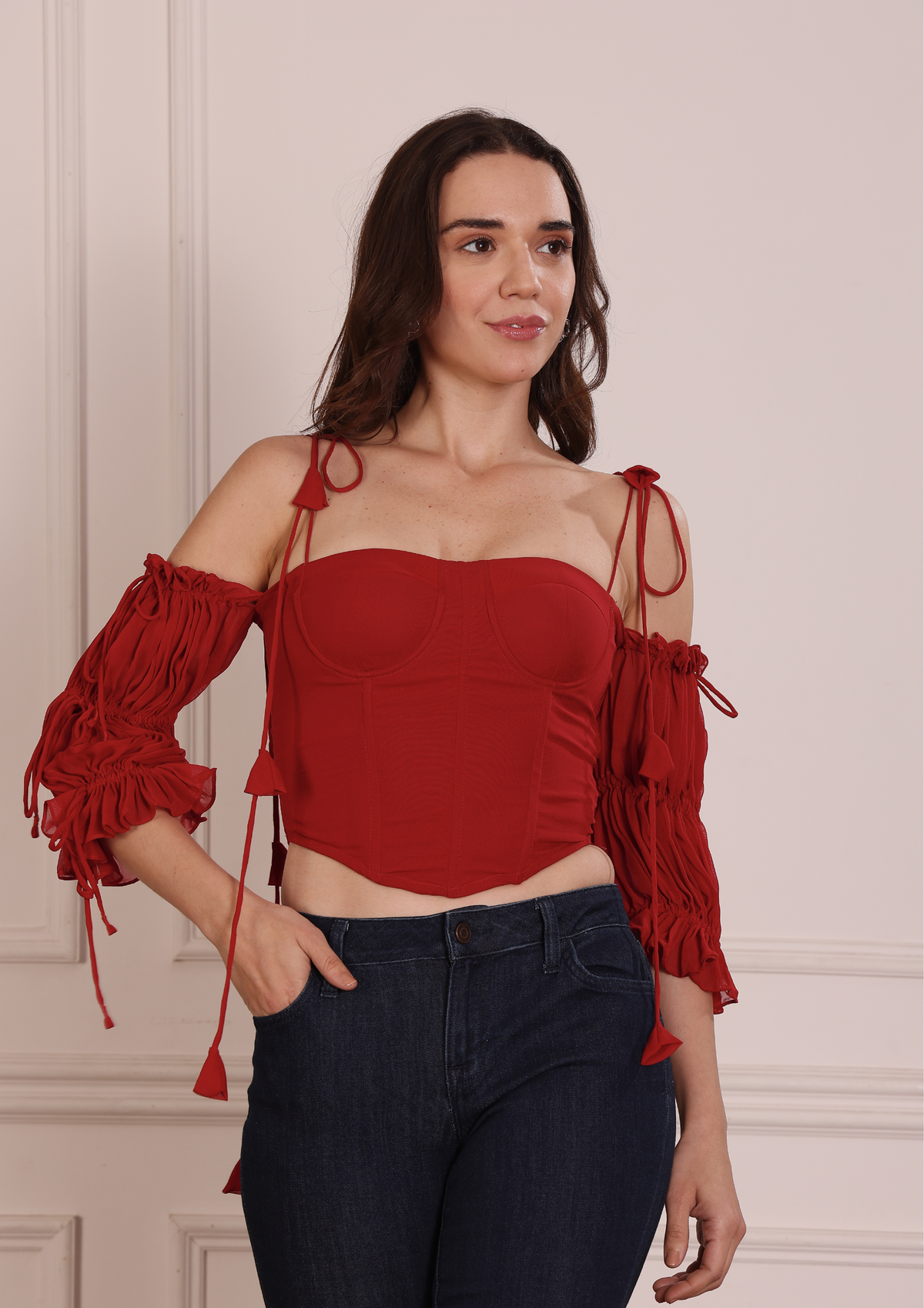 Rovelle Red Bustier Top – Warm Romantic Georgette Design with Contoured Bodice and Effortless Statement Style