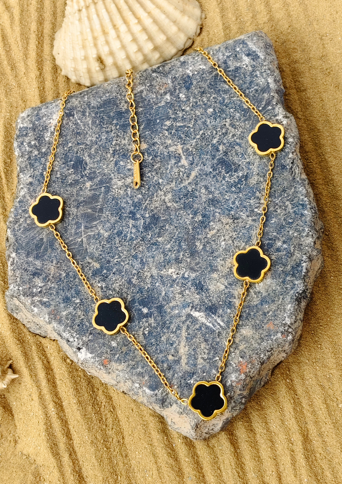 Seoraa Jewels Blooming Grace Pendant – Anti Tarnish Gold Plated black floral charms on a gold chain, waterproof trendy statement jewellery for everyday wear.