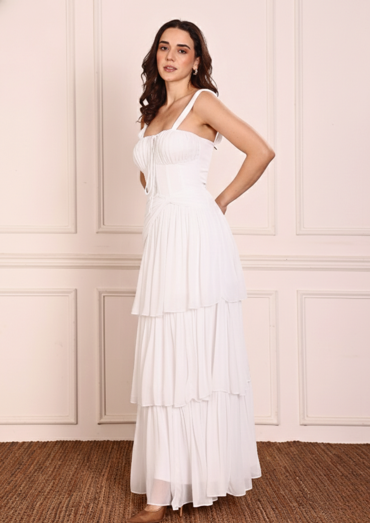 Seoraa Aveline White Bustier Dress – Elegant Georgette Bustier with Delicate Gathers and Three Tier Flowing Skirt