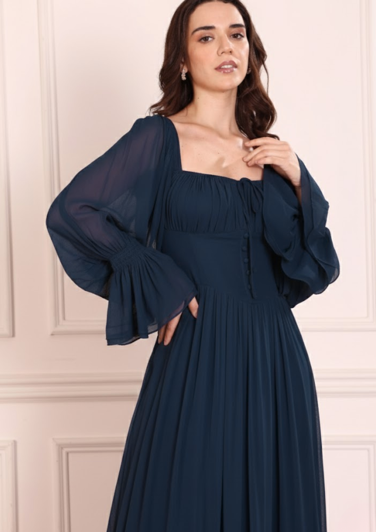 Evarielle Dress in Navy Blue – Flowing Georgette Occasion Dress with Feminine Draped Fit and Subtle Ruffle Accents