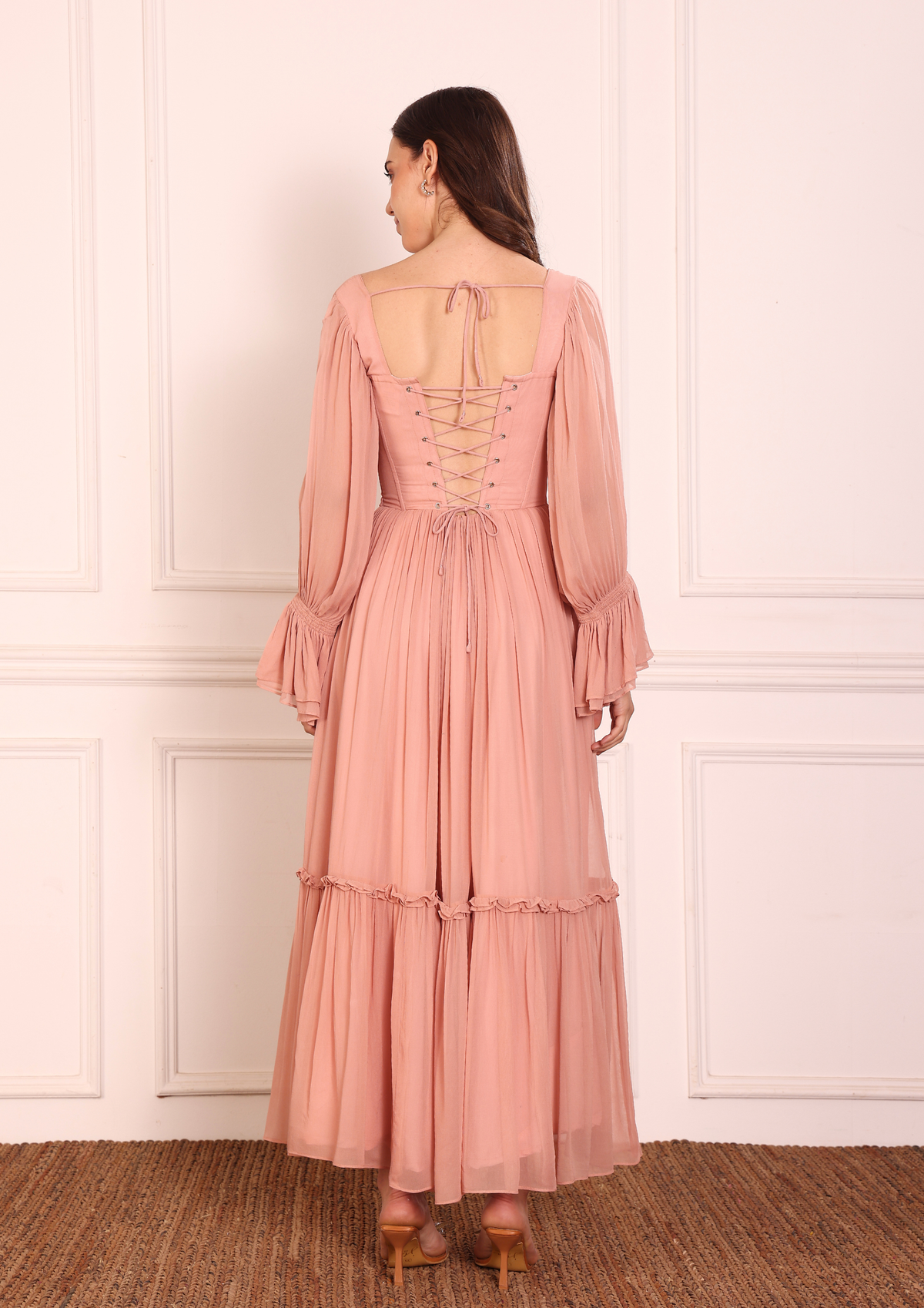 Siora Mon Chérie Dress in Pink – Blush Georgette Dress with Subtle Frill Details and Elegant Movement