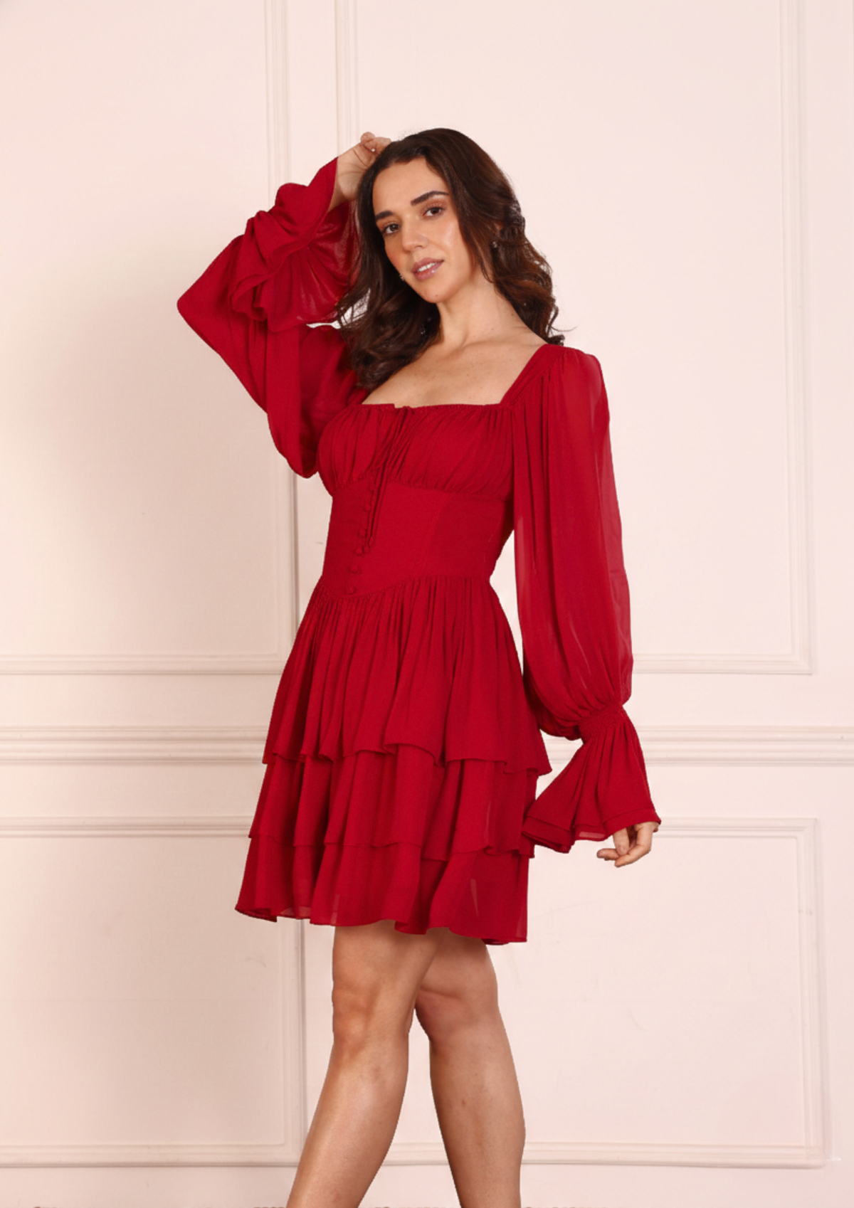 Seoraa Scarlette Red Dress – Elegant Georgette Dress with Flared Sleeves, Bustier Bodice and Tiered Skirt