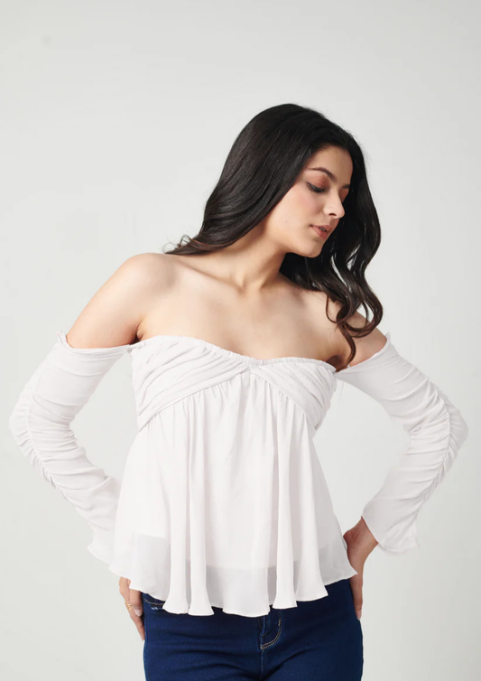 Seora white flared georgette top featuring ruched sleeve detail and bust pleats—versatile style for work meetings, dinners, or day outings.