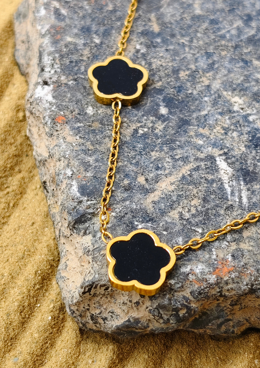 Siora Blooming Grace Pendant – Elegant gold-tone chain with delicate black floral charms, Seoraajewels waterproof, anti tarnish, trendy statement piece.