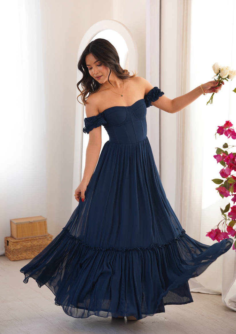 Siora Theresa Dress in Navy Blue – Romantic Maxi Dress with Puff Sleeves, Soft Frill Skirt and Tie Back Detail