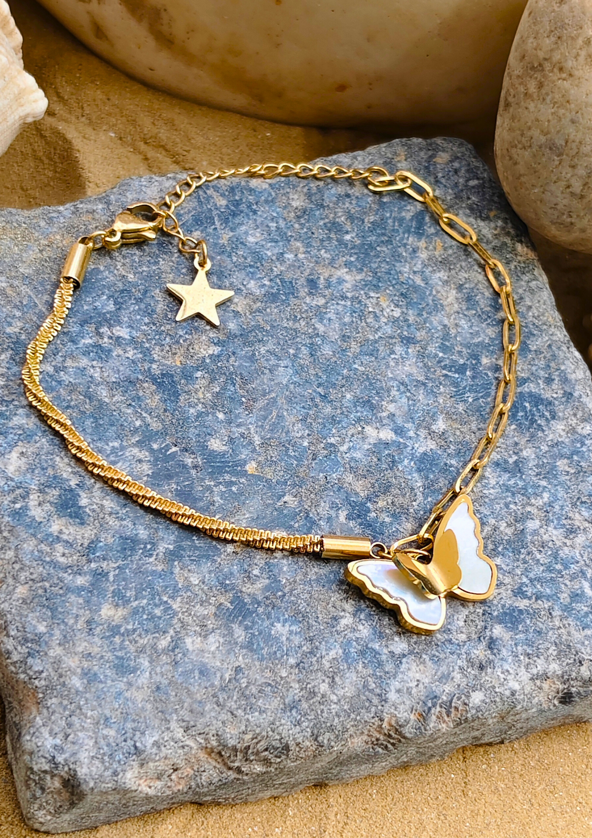 Seoraa Jewels Chronos Charm Bracelet – Anti Tarnish Gold Plated butterfly charm bracelet, trendy waterproof jewellery for everyday wear.
