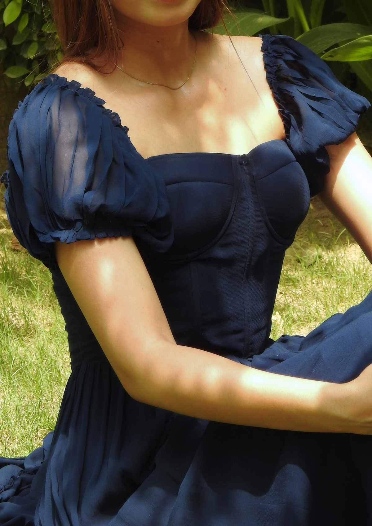 Sioraa Theresa Dress – Navy Blue Georgette Maxi Dress with Puff Sleeves, Frill Details and Elegant Movement