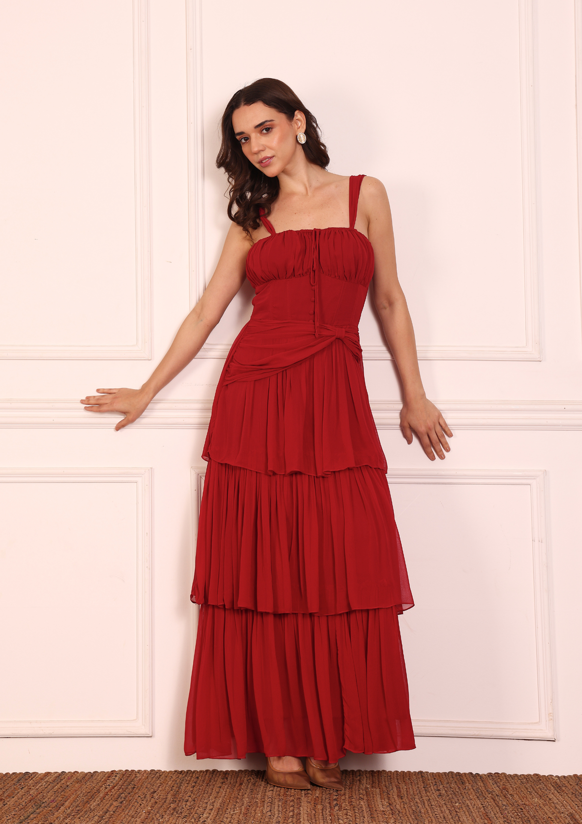 Siora Marina Bustier in Red – Romantic Georgette Dress with Gathered Waist, Tiered Silhouette and Graceful Drape