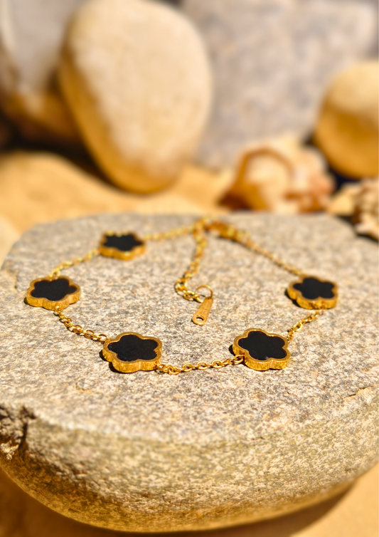 Siora Lunar Bloom Floral Charm Bracelet – Elegant anti tarnish gold plated chain with midnight black flower details, waterproof and stylish everyday wear jewellery.