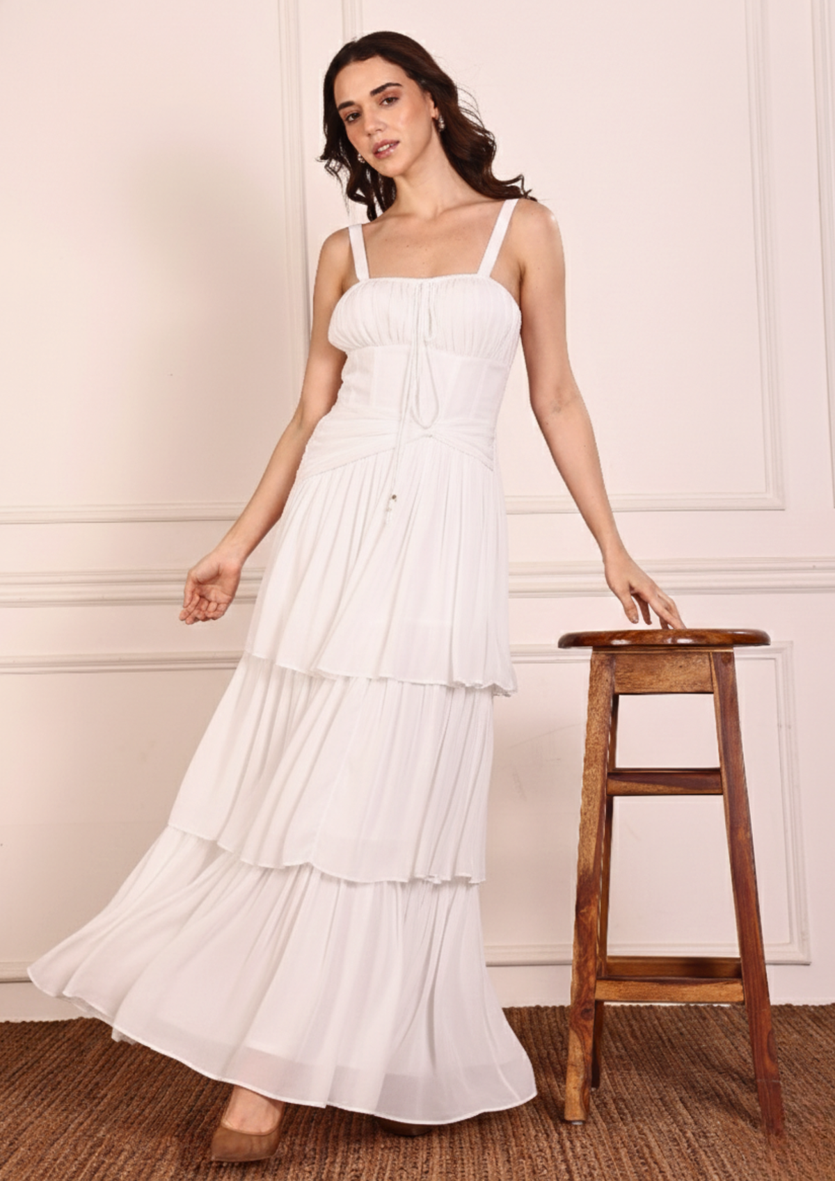 Siora Aveline Bustier in White – Romantic Georgette Dress with Gathered Waist, Tiered Silhouette and Soft Drape