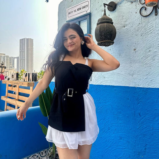 Seora: Rajvee Gandhi flaunts Seora’s Blair Blazer Dress—black and white banana crepe and chiffon mini dress with structured blazer-style front, flowy chiffon skirt, and sleek waist belt. Ideal for parties, formal events, clubbing, graduations, outings, and brunches
