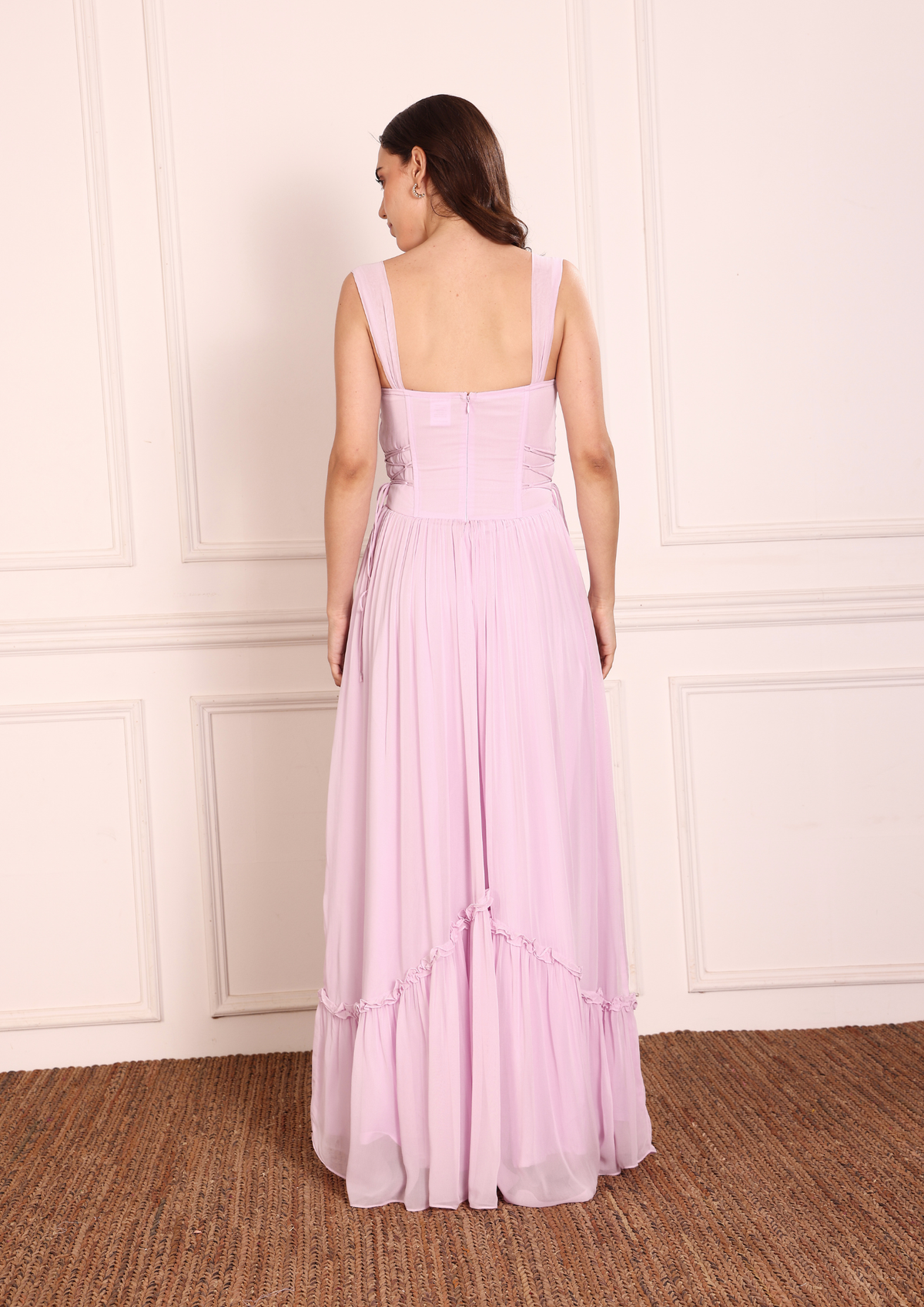 Sioraa Lizabeth Dress – Soft Lavender Georgette Dress with Inverted V Hem Frills and Romantic Silhouette