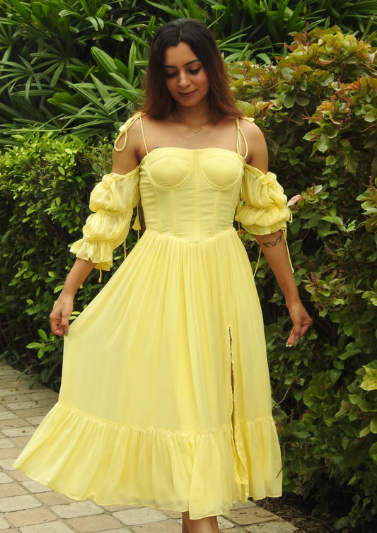 Siora Daisy Dress in Yellow – Elegant Georgette Dress with Tie Up Details, Ruffled Hem and Flowing Silhouette