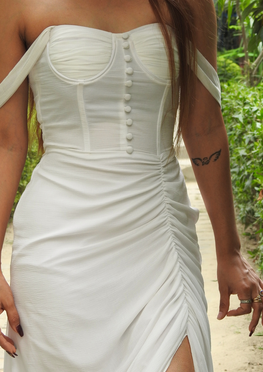 Siora white chiffon maxi dress with elegant front ruching and a flowing fit—ideal for dreamy date nights and sophisticated parties.