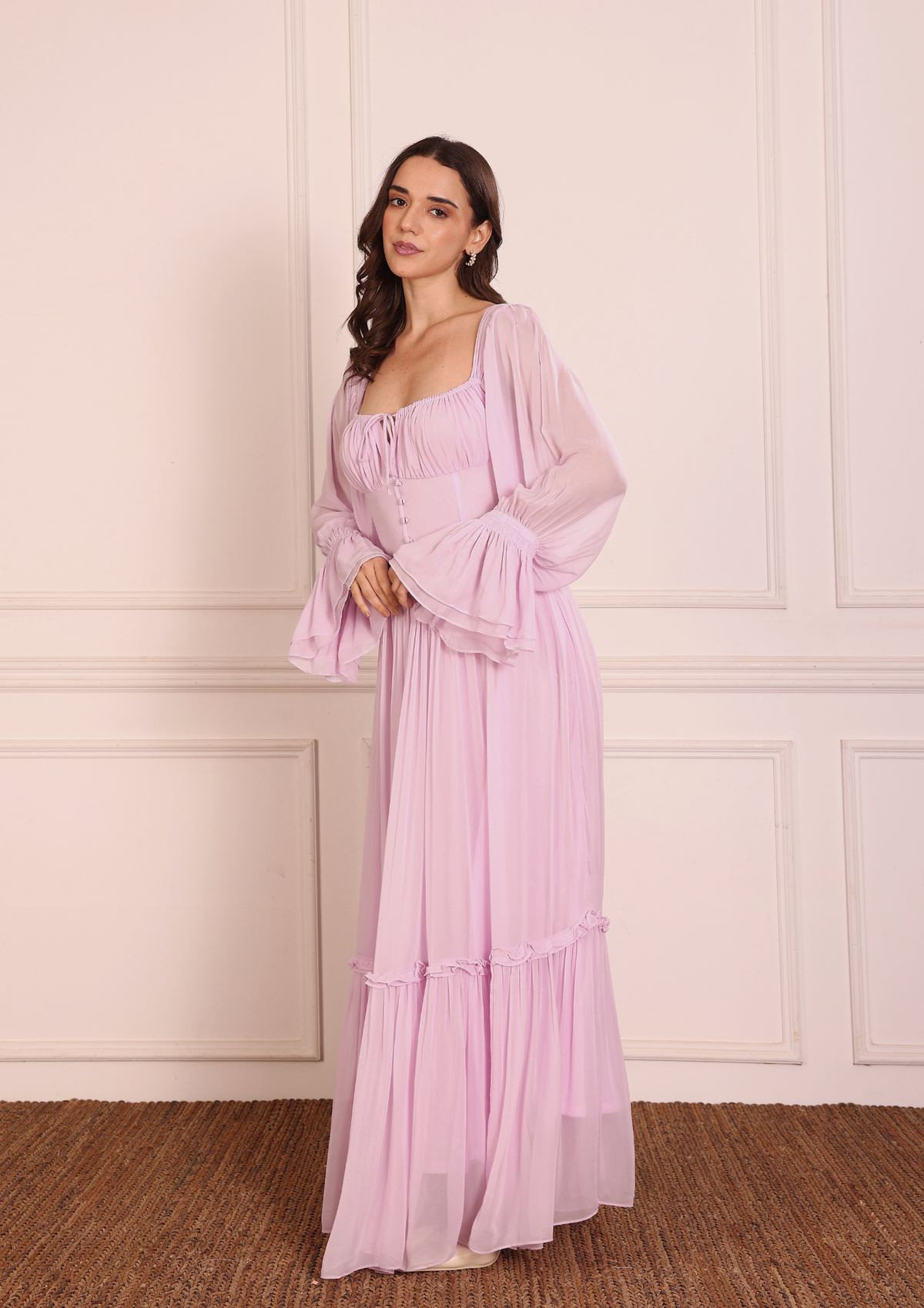 Siora Mirelle Bustier in Lavender Purple – Dreamy Georgette Dress with Gathered Bodice, Flared Sleeves and Whimsical Skirt