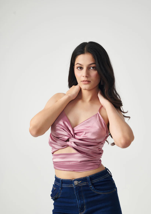 Siora elegant pink satin blouse with front knot, lightweight and glossy—ideal for birthday parties, romantic dinners, and weekend getaways.Siora elegant pink satin blouse with front knot, lightweight and glossy—ideal for birthday parties, romantic dinners, and weekend getaways.