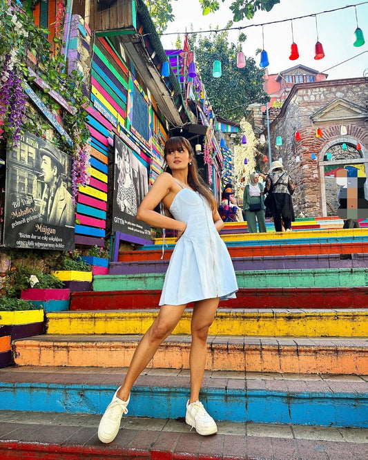 Seora Elsa Blue Pleated Dress - Sky Blue Dress with Side Pleats, Padded Bust, and Front Zipper, Perfect for Vacations, Resorts, and Birthdays