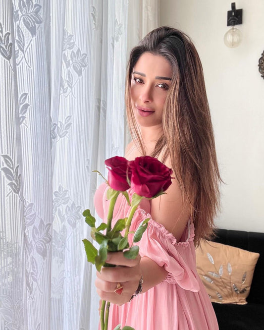 Seora Theresa Pink Blush Dress - Elegant Georgette Gown with Puff Sleeves, Frills, and Stylish Criss-Cross Tie, Perfect for Valentine's Day, Weddings, and Upscale Events