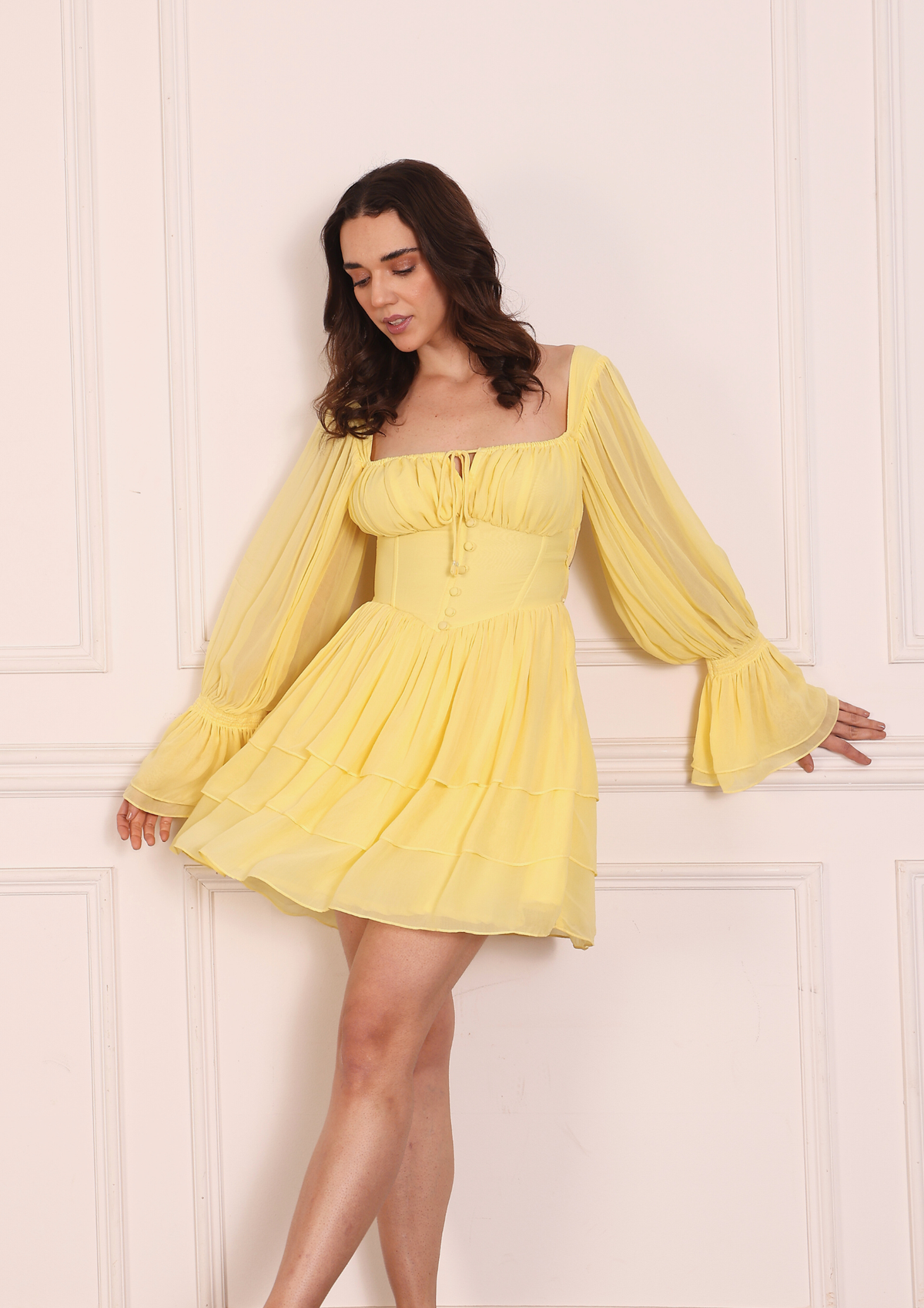 Seora Lunara Yellow Dress – Flared Sleeve Georgette Dress with Bustier Style Fit and Three Tier Skirt