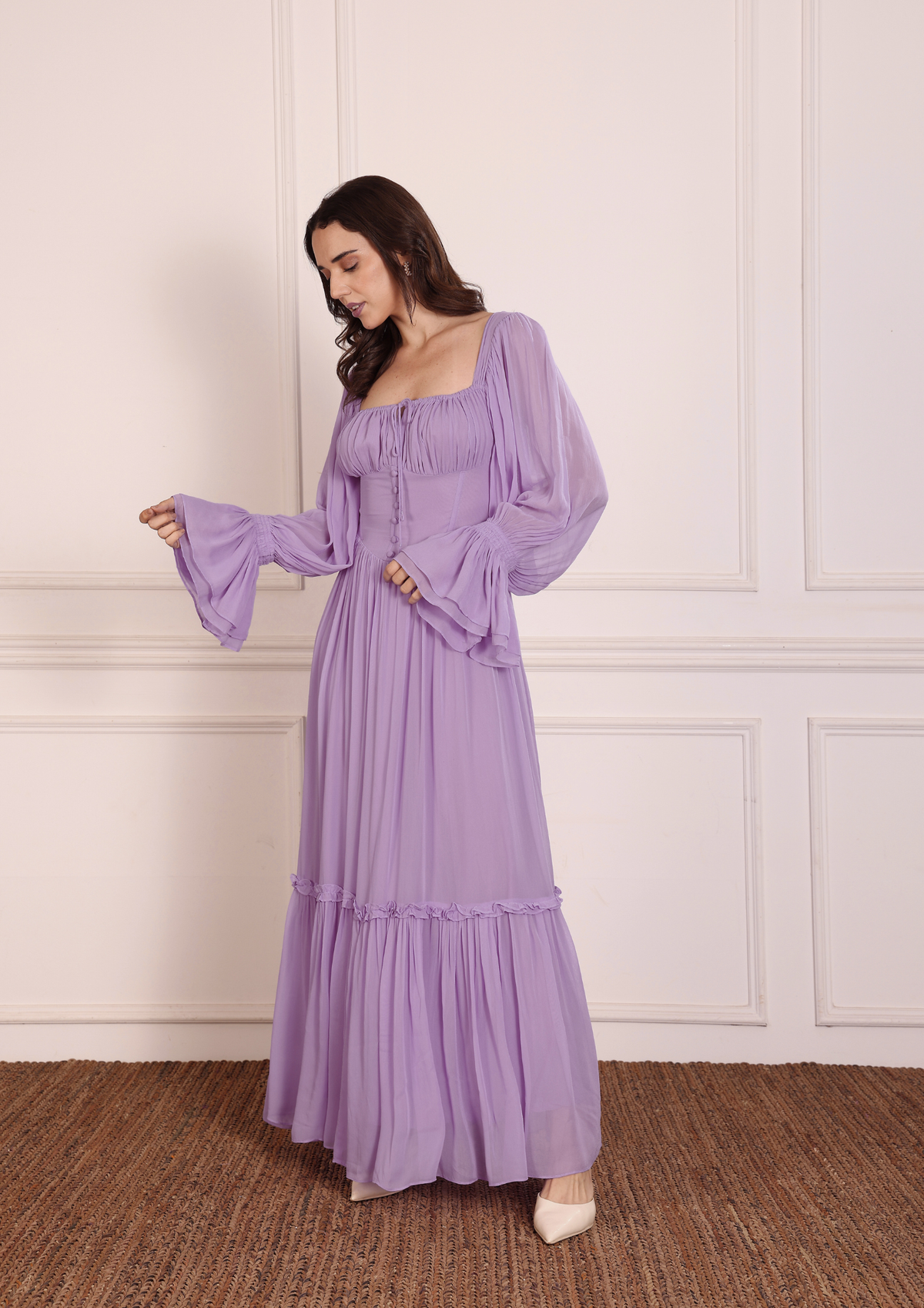 Sioraa Noctavia Bustier Dress – Dark Purple Georgette Dress with Flared Sleeves and Soft Frilled Skirt