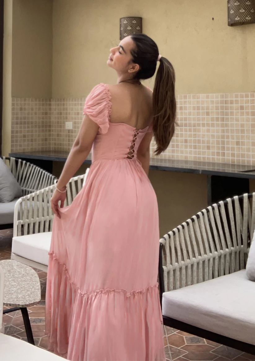 SioRaa stunning red georgette dress featuring a bustier fit, puff sleeves, and criss-cross tie back—perfect for evening soirees, anniversaries, and festive gatherings.