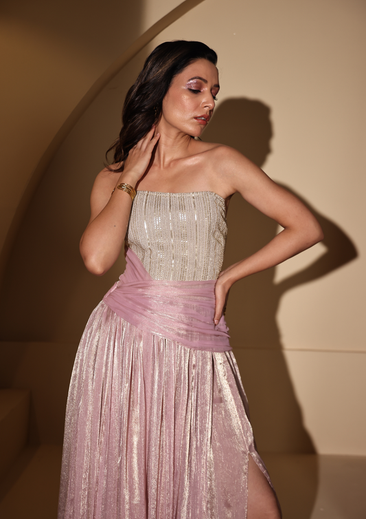 Seora Luxe elegant shimmer embroidery gown with a structured waistline, draped lurex fabric, and a strapless boned corset—ideal for festive celebrations, mehendi, and cocktail parties