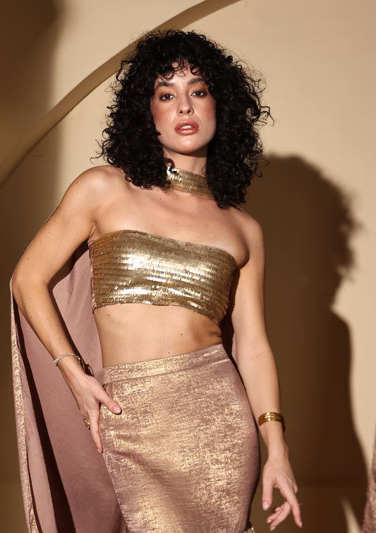 Seora Luxe Golden Blouse Top featuring intricate embroidery, shimmering golden fabric, and a ruched back – ideal for parties, festive occasions, Diwali, and New Year celebrations.