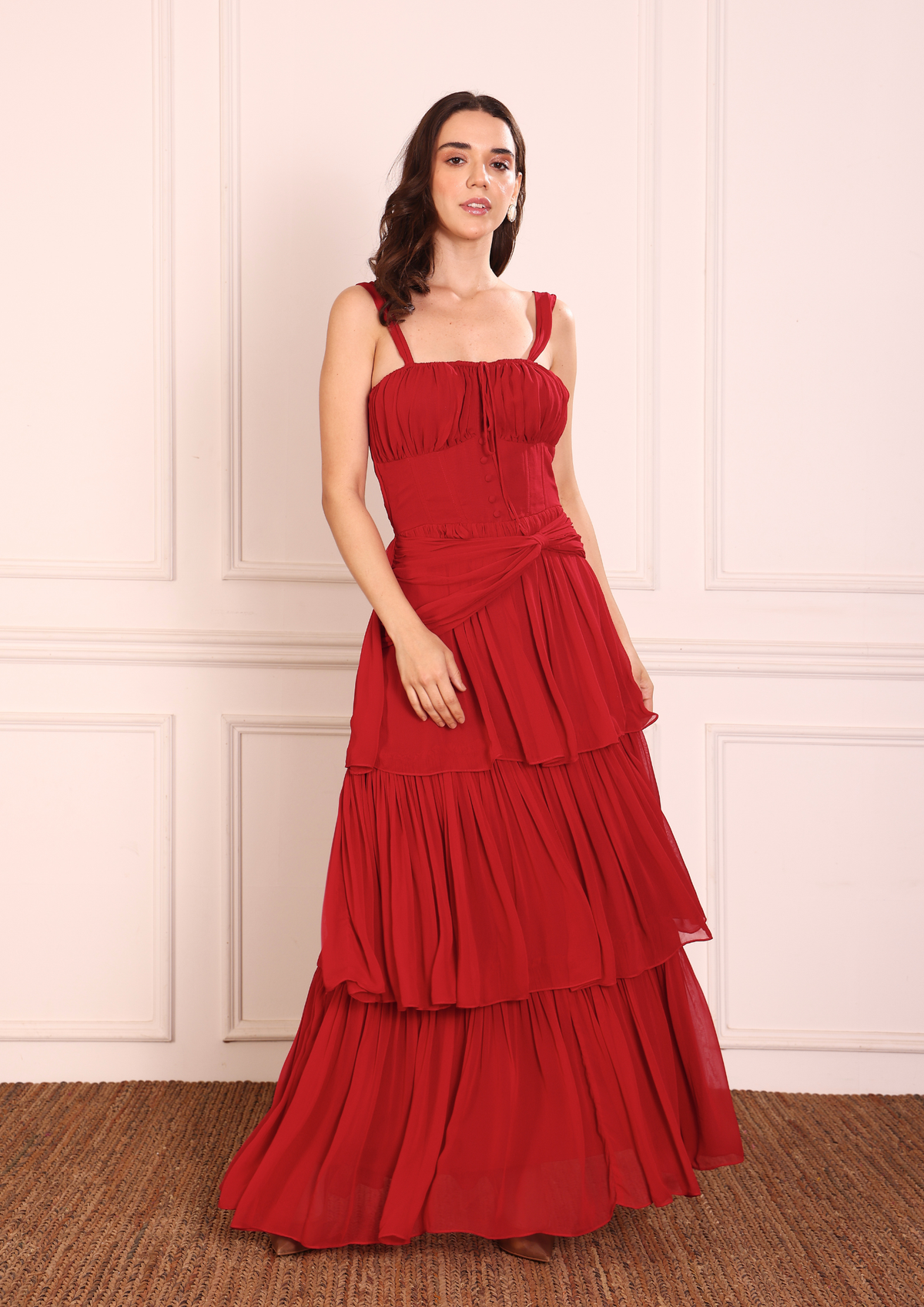 Marina Georgette Bustier in Vibrant Red – Softly Draped Waist with Fluid Movement and Timeless Sophisticated Finish