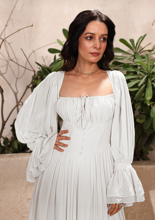 Seora elegant white gown featuring a flattering corset fit, crisscross back, and tiered skirt—ideal for special events, lounge wear, and romantic evenings