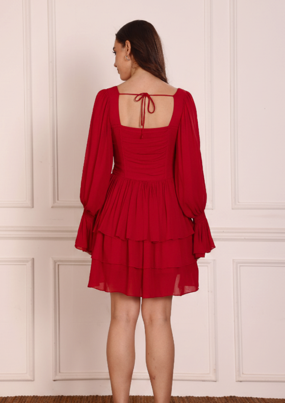 Seora Scarlette Red Dress – Flared Sleeve Georgette Dress with Bustier Style Fit and Three Tier Skirt