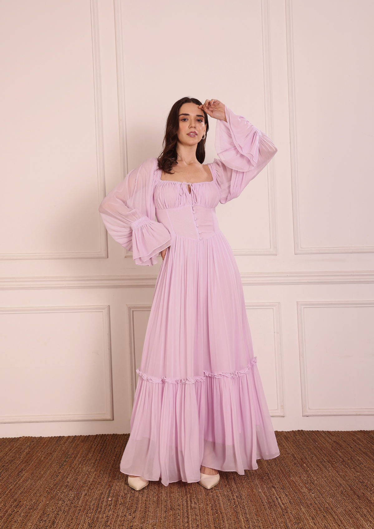 Seora Mirelle Lavender Bustier Dress – Elegant Georgette Bustier with Delicate Gathers, Frill Details and Romantic Silhouette