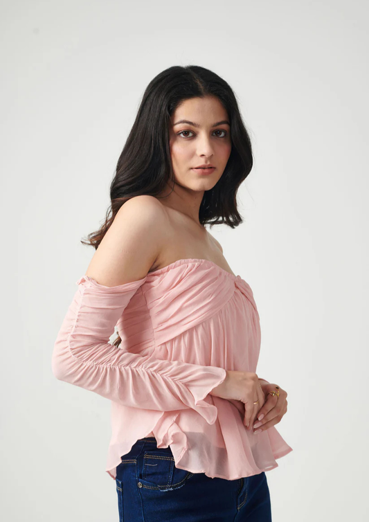 Siora trendy pink off-shoulder top in lightweight georgette with pleated details and rushed sleeves—ideal for beach trips, casual parties, and stylish daytime events.
