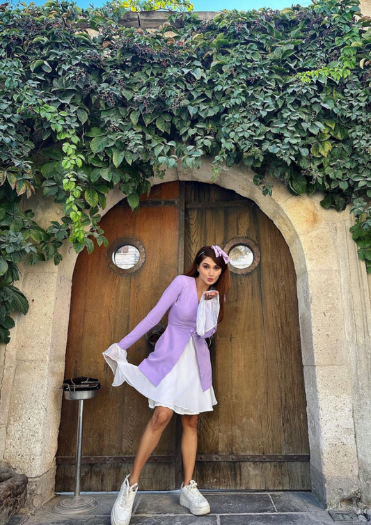 Siora elegant lilac blazer dress featuring chiffon flare skirt and flared sleeves—ideal for weddings, fashion-forward workwear, or stylish day parties.