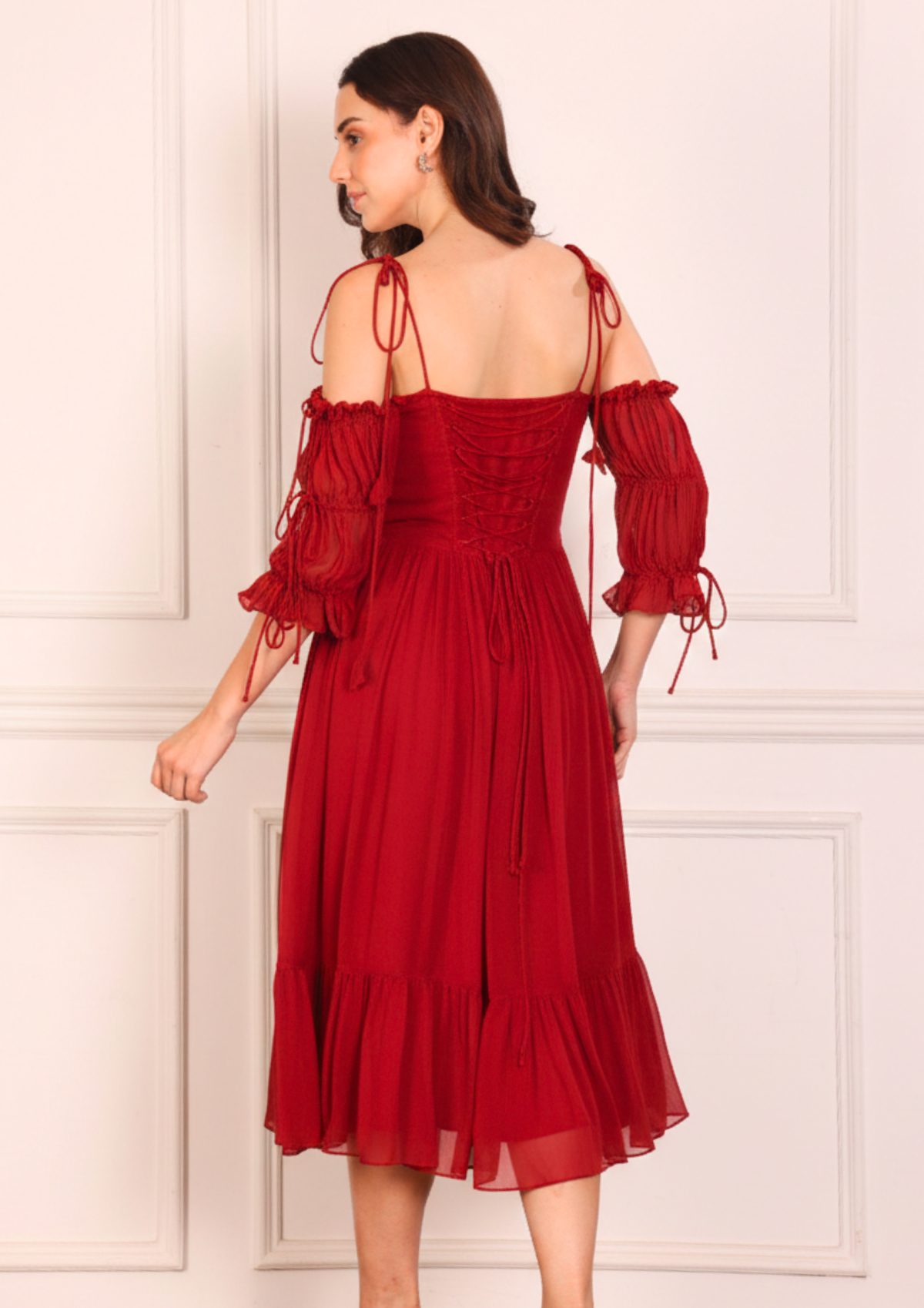 Sioraa Nysa Midi Dress – Bold Red Georgette Dress with Contoured Bustier and Criss Cross Back Detail