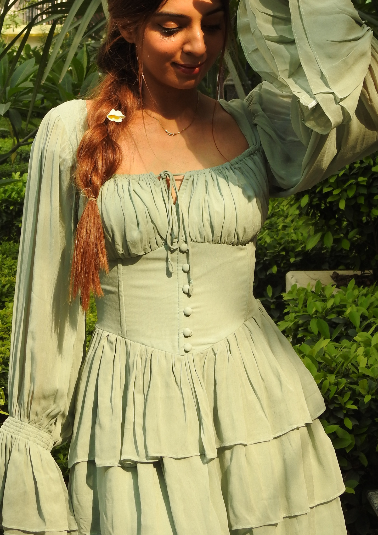 Sehora Elowen Soft Green Dress – enchanting bustier corset dress with feminine frills, layered skirt, and airy georgette fabric that captures a fresh, nature-inspired style.