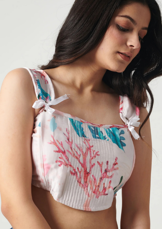 Siora Reef Romance printed corset top in semi satin georgette with back tie-up—ideal for tropical vacations or casual summer looks.