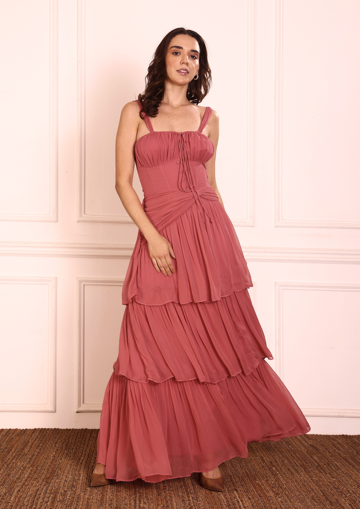 Sioraa Peachy Pink Bustier – Dreamy Georgette Bustier with Elegant Waist Drape and Tiered Structure