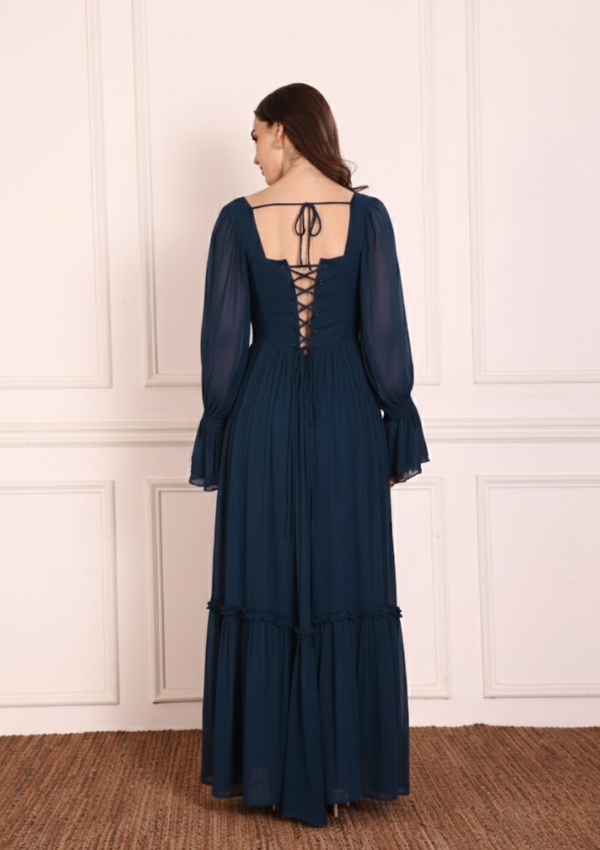 Evarielle Navy Dress – Refined Georgette Design with Graceful Movement, Delicate Frill Hem and Sophisticated Finish