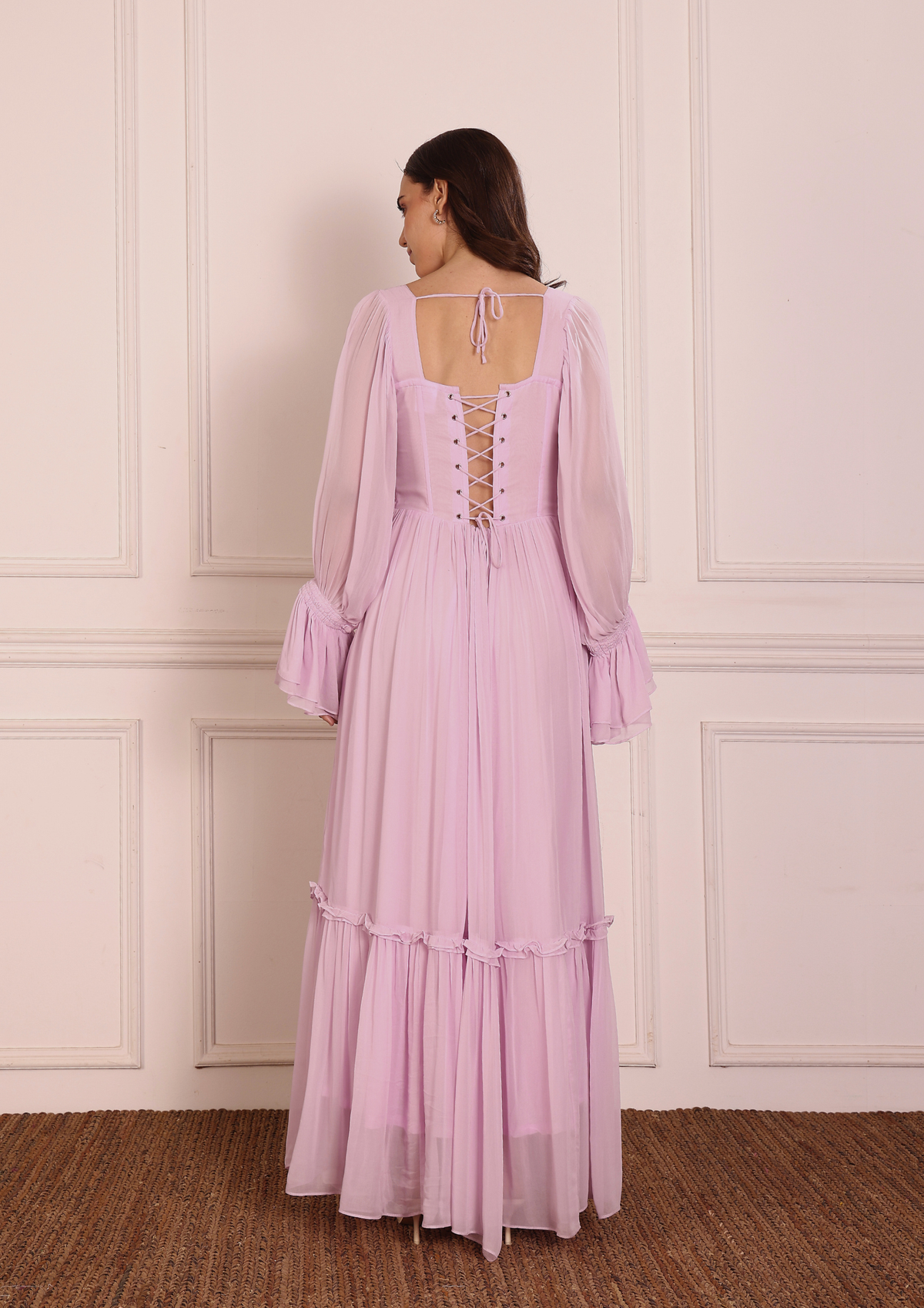 Seora Mirelle Lavender Bustier Dress – Elegant Georgette Bustier with Delicate Gathers, Frill Details and Romantic Silhouette