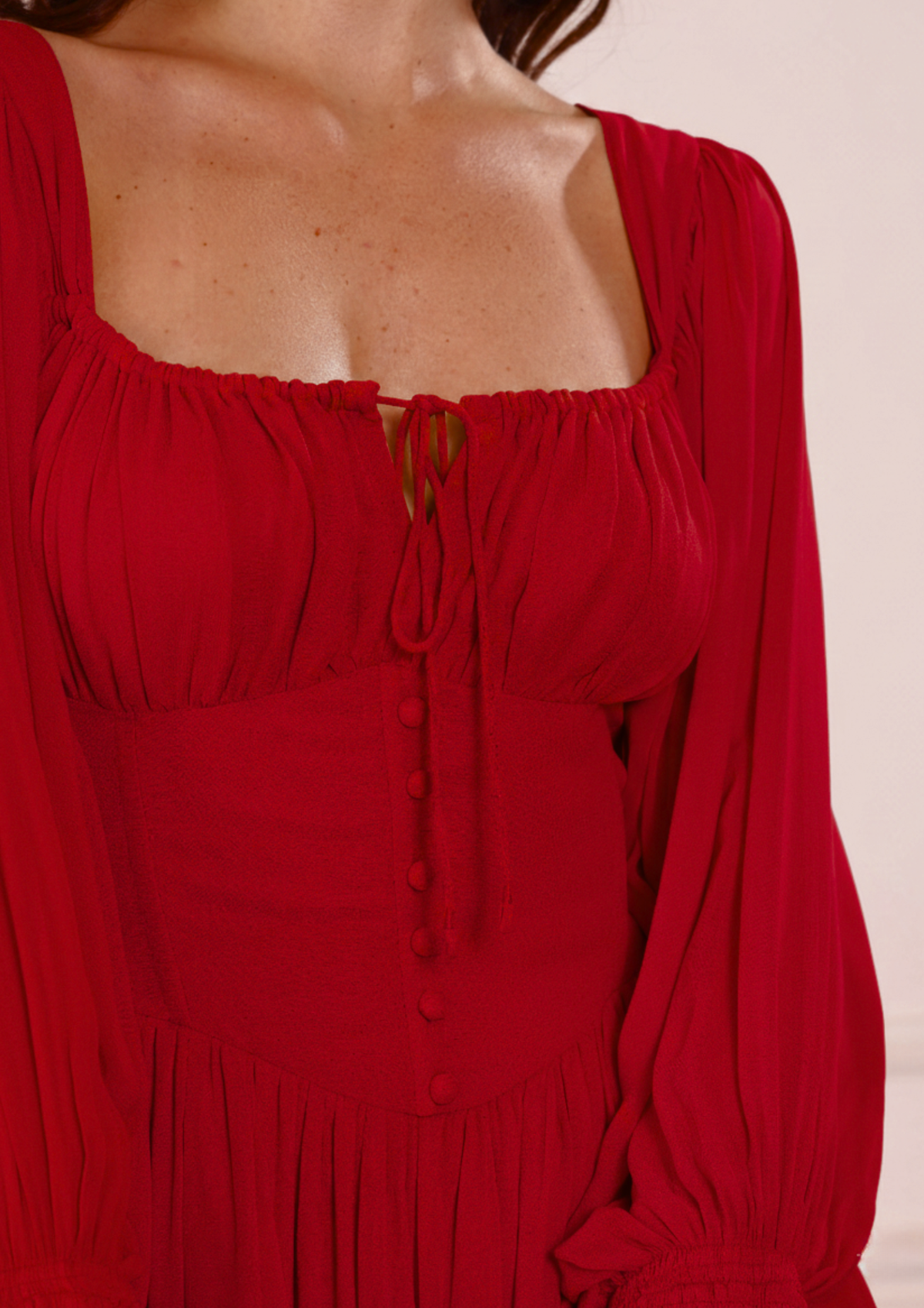 Sioraa Scarlette Dress – Red Georgette Dress with Dramatic Sleeves, Gathered Bust and Elegant Flow