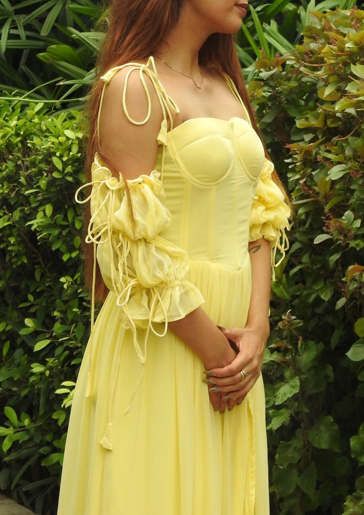 Sioraa Daisy Dress – Dreamy Yellow Georgette Dress with Puffed Sleeves, Ruffled Skirt and Playful Tie Details