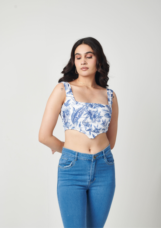 Siora trendy blue-on-white floral corset top with quilted details in semi satin georgette—ideal for parties, beach vacations, and stylish casual outings.