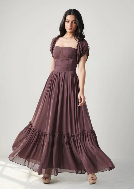 Siora deep wine georgette maxi dress featuring long frills, bustier detailing, and puffed sleeves—ideal for romantic dinners, festive events, and fall celebrations.