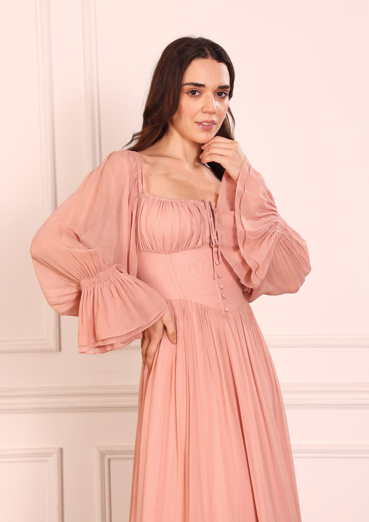 Sioraa Mon Chérie Dress – Soft Pink Georgette Dress with Dreamy Frills and Graceful Silhouette