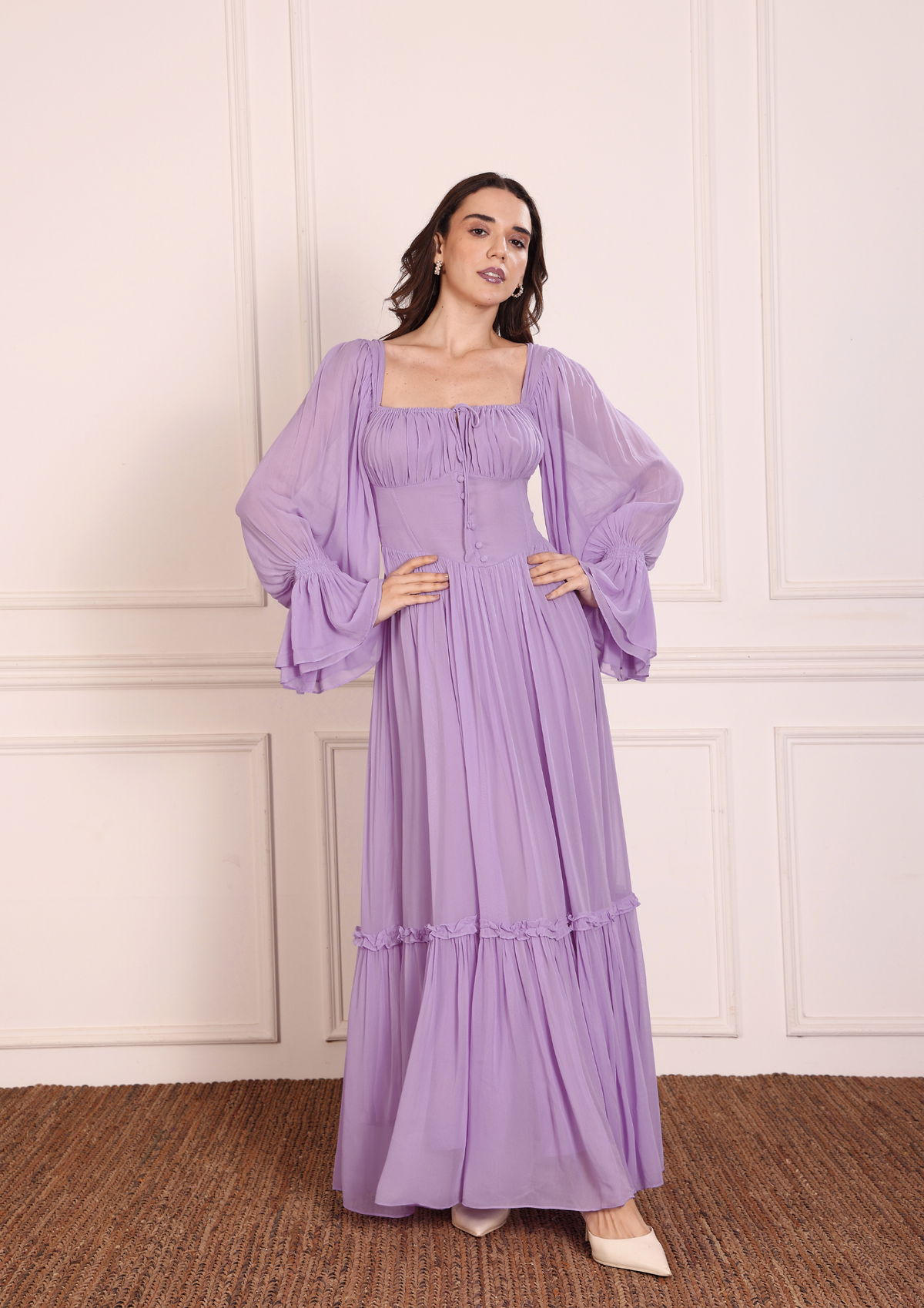 Siora Noctavia Bustier in Dark Purple – Feminine Georgette Dress with Gathered Bodice, Flared Sleeves and Whimsical Skirt