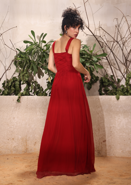 Seora Lady in Red Maxi Long Dress with a boned bustier, thigh-high slit, and sleek shoulder straps – ideal for parties, romantic date nights, and formal events like graduations.